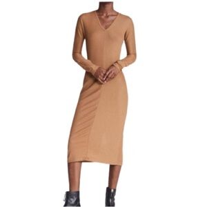 Women's L Rag & Bone Ribbed Midi Knit Dress Jersey Slim V neck Mid Calf Camel
